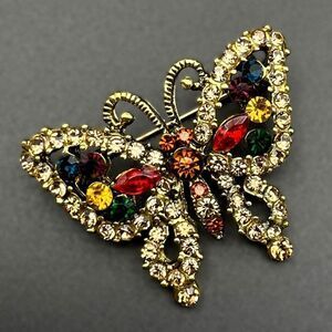Yellow Gold with Champagne Topaz and Multi Crystal Butterfly Pin Back Brooch